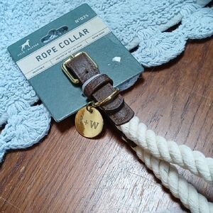 Rope Collar with Brown Leather and Cream Rope, Silver-tone Tag